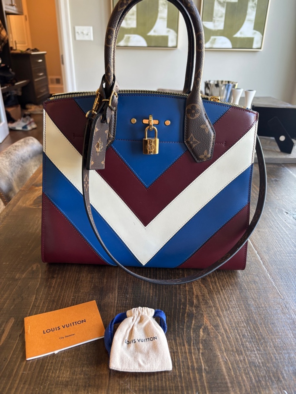 Louis Vuitton City Steamer Leather Shoulder Bag in Burgundy, Blue & White